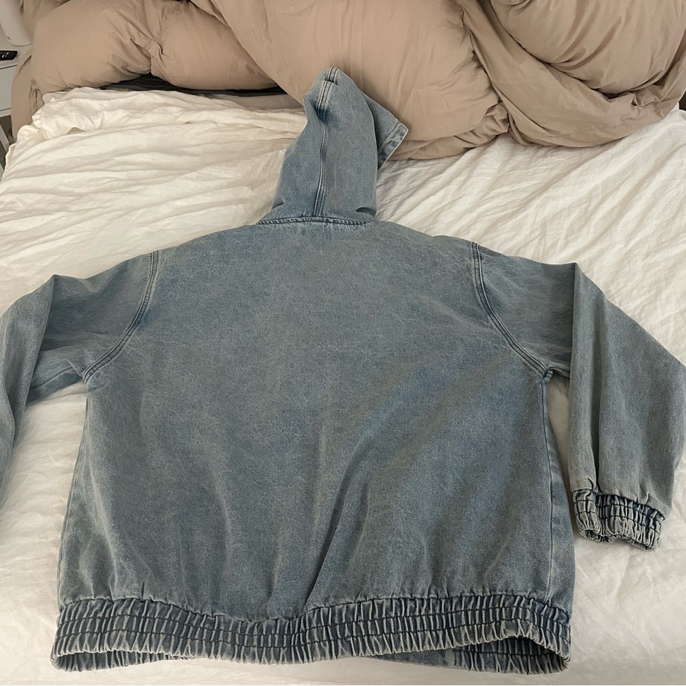 Edikted Hooded Vintage Washed Denim Bomber Jacket Size M - Picture 3 of 6